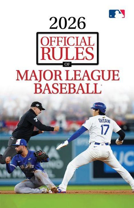 "2026 Official Rules of Major League Baseball". Darunter ein Umpire und zwei Spieler in einer Baseball-Szene.