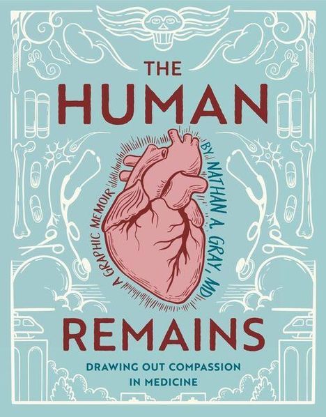 „THE HUMAN REMAINS“; Illustration eines anatomischen Herzens; umliegendes dekoratives Muster.