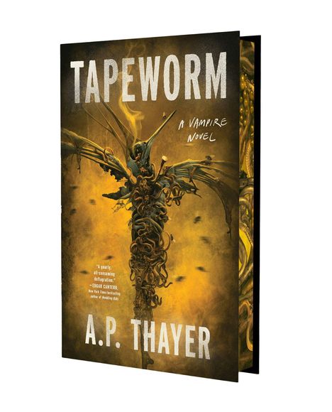 Buchtitel: "TAPEWORM". Untertitel: "A VAMPIRE NOVEL". Autor: A. P. THAYER. Illustration mit einem wurmartigen Wesen.