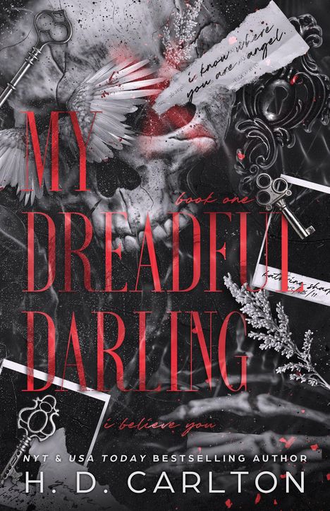 "My Dreadful Darling", "i know where you are, angel", "book one", Illustration mit Schlüsseln und Flügel.