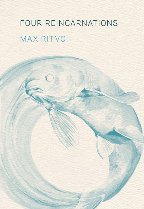 "FOUR REINCARNATIONS, MAX RITVO" über einem blauen Fisch in kreisförmiger Bewegung, Aquarellstil.