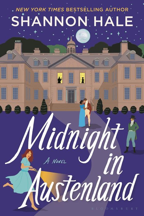 "Midnight in Austenland", Shannon Hale. Eine nächtliche Szene, Herrenhaus, Menschen in historischen Kleidern, Mond im Hintergrund.