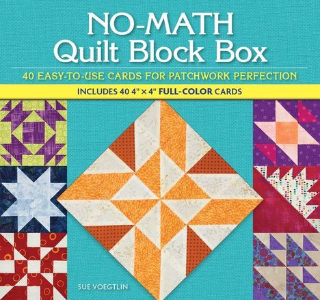 "NO-MATH Quilt Block Box", 40 Karten für Patchwork. Viele bunte Muster, geometrische Designs in kräftigen Farben.