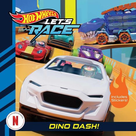 "Hot Wheels: Let's Race", "DINO DASH!", "Includes Stickers!". Illustration von bunten Rennautos auf einer Strecke.