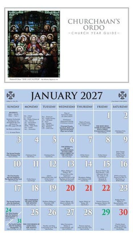 JANUARY 2027. Churchman's Ordo – Church Year Guide. Kalender mit religiösen Feiertagen und Ereignissen.