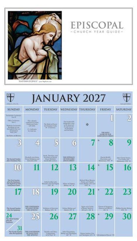 "Episcopal Church Year Guide", Illustration der "Taufe Jesu", Kalender für Januar 2027 mit religiösen Feiertagen.