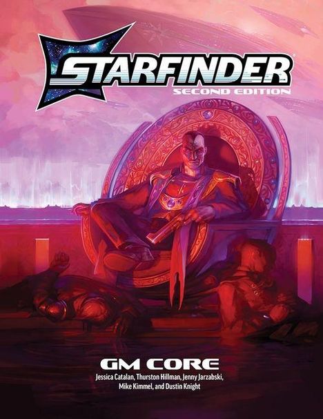 Text: "Starfinder Second Edition", "GM Core", Autorenliste unten. Illustration eines thronenden Charakters in futuristischer Umgebung.