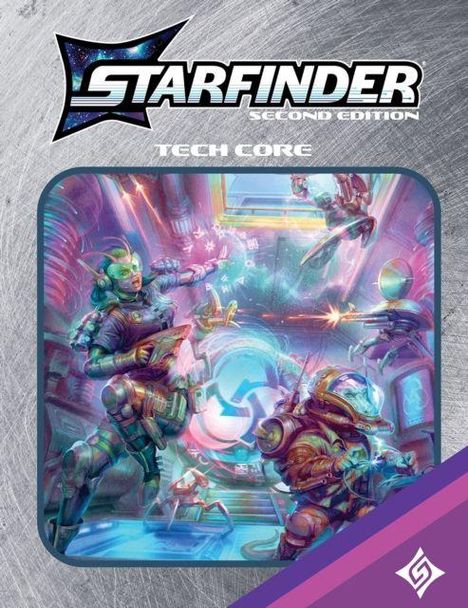 Text: "Starfinder Second Edition" und "Tech Core". 

Illustration: Futuristische Szene mit Robotern, Aliens und Technologie.