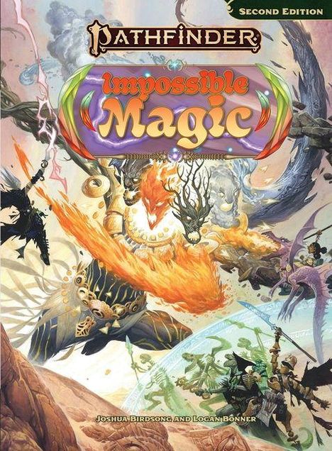 "Pathfinder Second Edition: Impossible Magic" in bunten Buchstaben, dynamische Kampf-Szene mit magischen Kreaturen.