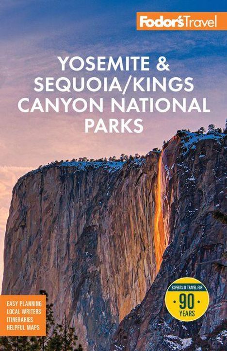 „YOSEMITE & SEQUOIA/KINGS CANYON NATIONAL PARKS“ steht oben. Naturlandschaft mit Felswand und fließendem, leuchtendem Wasser.