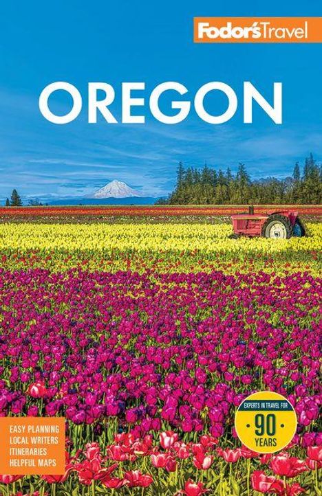 "OREGON" steht groß über bunten Blumenfeldern mit Traktor, im Hintergrund ein schneebedeckter Berg.