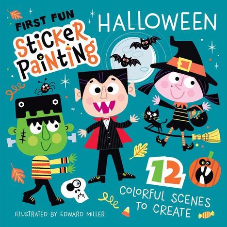 "First Fun Sticker Painting Halloween. 120 colorful scenes to create." Illustration mit Hexe, Vampir und Monster.