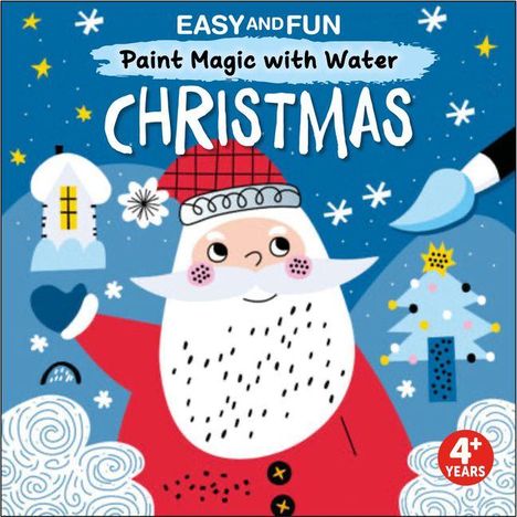 Text: "Easy and Fun Paint Magic with Water Christmas 4+ Years". Illustration mit fröhlichem Weihnachtsmann und winterlichen Motiven.