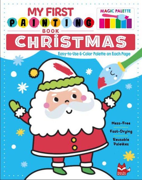 "My First Painting Book Christmas" in bunten Buchstaben. Ein fröhlicher Weihnachtsmann mit Pinsel auf blauem Hintergrund.