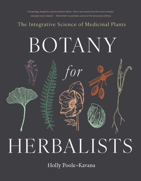 "Botany for Herbalists" von Holly Poole-Kavana. Farbige botanische Illustrationen von Pflanzen auf dunklem Hintergrund.