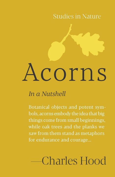 "Studies in Nature", "Acorns", "In a Nutshell", "Charles Hood". Eichel- und Blatt-Illustration oben auf gelbem Hintergrund.