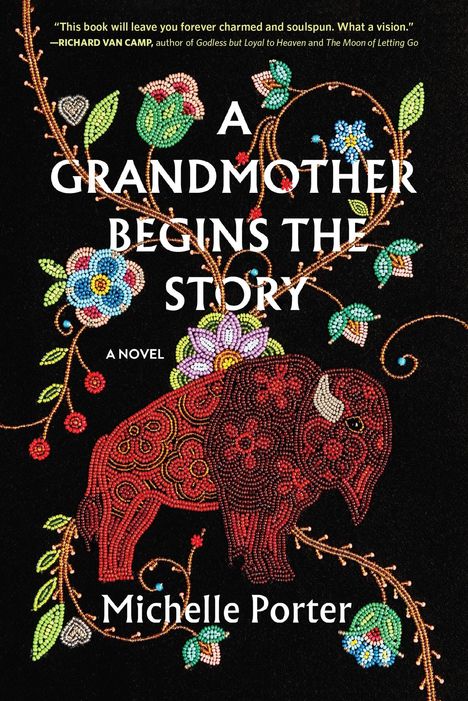 Titel: "A Grandmother Begins the Story". Autor: Michelle Porter. Farbenfrohes Elefantenmuster aus Perlen und Blumen.