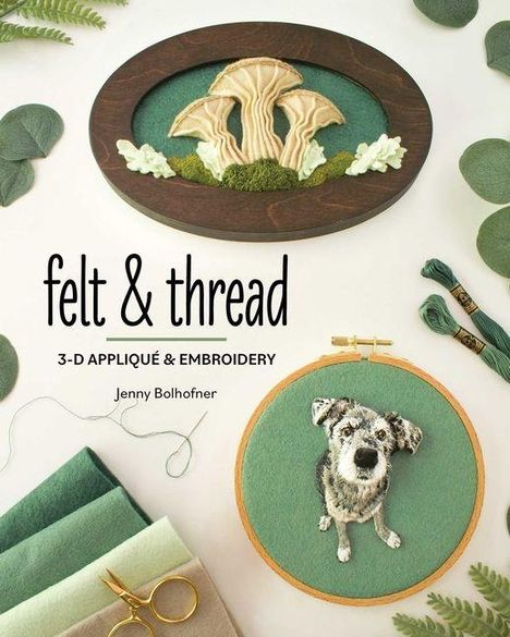 "felt & thread" und "3-D Appliqué & Embroidery" stehen im Mittelpunkt. Gezeigt werden Stickrahmen, Filz und Garn.
