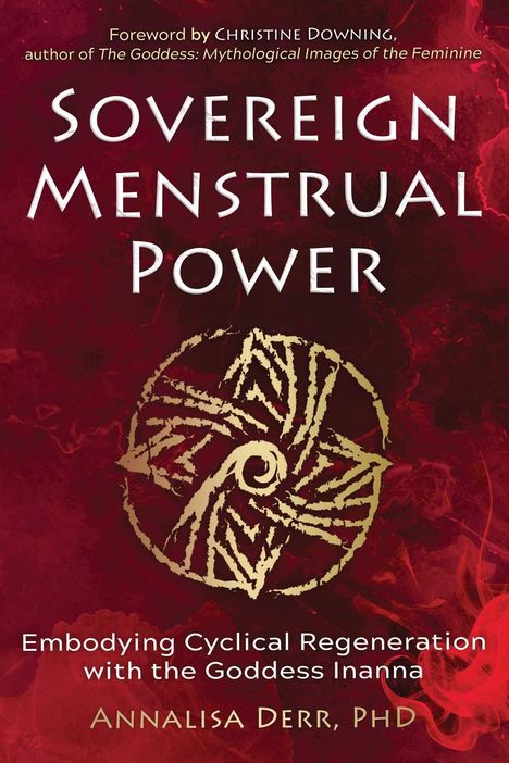 "Sovereign Menstrual Power" in großer Schrift, umgeben von einem dunkelroten Hintergrund mit einem stilisierten Spiralmuster.