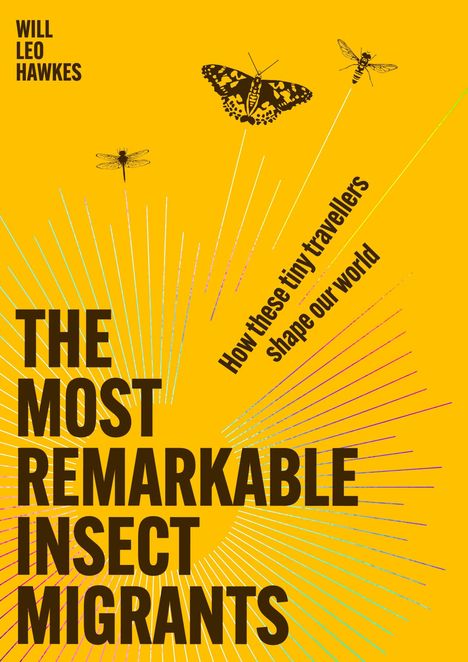 "THE MOST REMARKABLE INSECT MIGRANTS. How these tiny travellers shape our world. Will Leo Hawkes." Gelber Hintergrund mit Insekten.