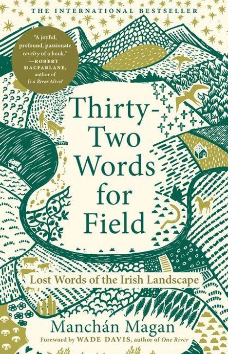 Text: "Thirty-Two Words for Field. Lost Words of the Irish Landscape. Manchán Magan." Ornamente und Landschaftsillustrationen.