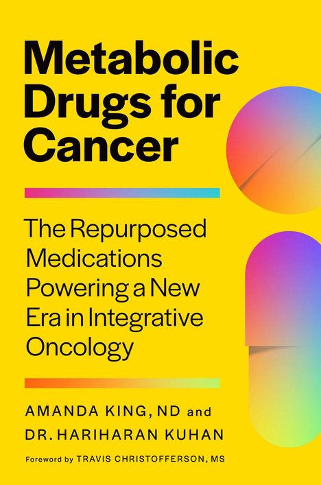 "Metabolic Drugs for Cancer" und Autorenname auf gelbem Hintergrund. Bunte geometrische Formen.