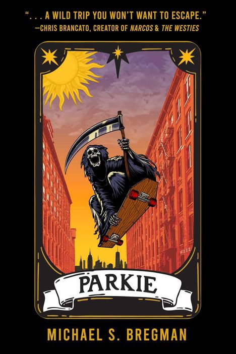 Ein Sensenmann fährt mit einem Skateboard durch eine Stadt, untermalt von Sonnenaufgang und orangefarbenem Himmel.