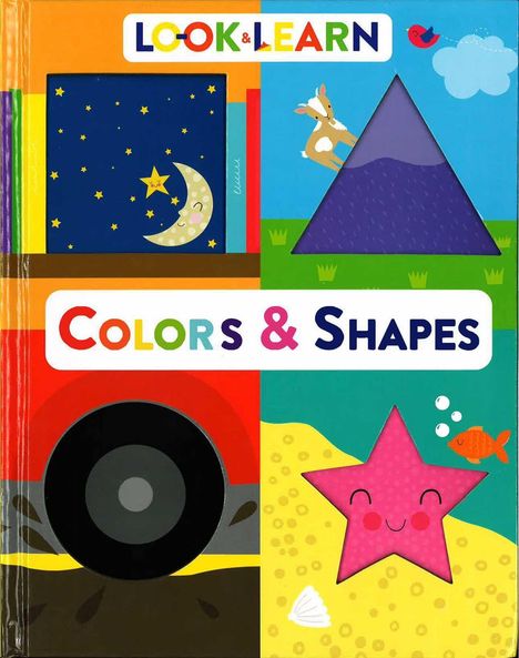 Text "LOOK & LEARN" oben, "COLORS & SHAPES" mittig. Illustration mit Farben, Formen und niedlichen Tieren.