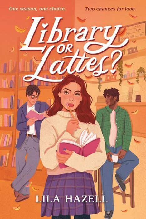 „Library or Lattes?“ ist ein Buchcover mit einer Frau in der Mitte, zwei Männer im Hintergrund und Bücherregale.