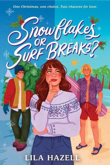 „Snowflakes or Surf Breaks?“ Illustration mit drei Menschen: eine Frau in Winterkleidung, zwei Männer am Strand.