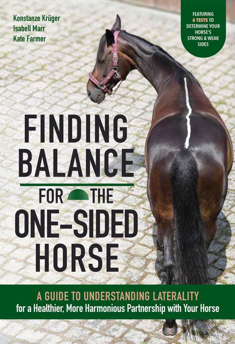 Text: "Finding Balance for the One-Sided Horse" und weitere Untertitel. Ein Pferd mit Markierung auf einem gepflasterten Hof.