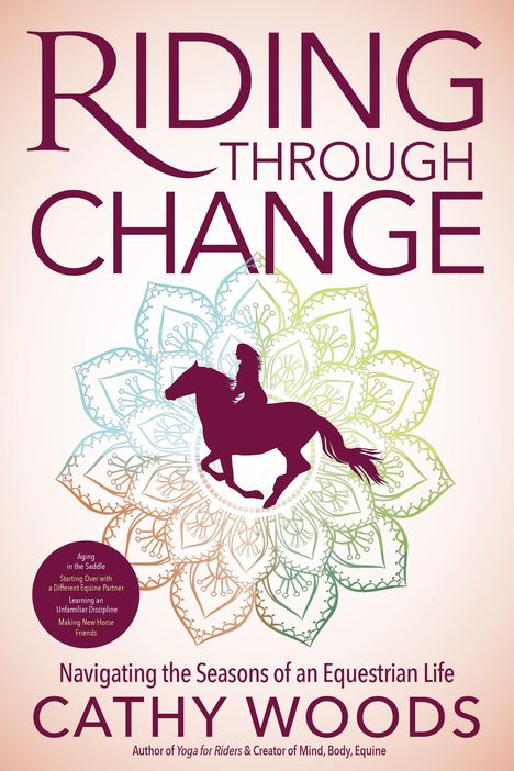 "RIDING THROUGH CHANGE" in großen Buchstaben, darunter Silhouette eines Reiters vor buntem Mandala-Hintergrund.