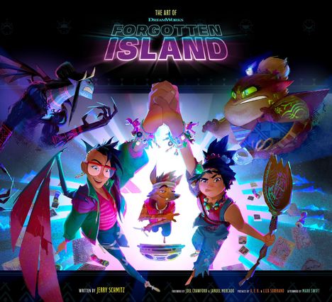 "The Art of Forgotten Island" zeigt Figuren in lebhaften Farben, die zusammen eine Hand in der Mitte erheben.