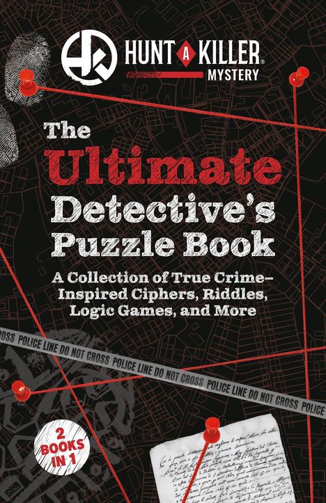 „Hunt A Killer Mystery. The Ultimate Detective's Puzzle Book. 2 Books in 1.“ Ein Stadtplan mit roten Fäden und Stecknadeln.