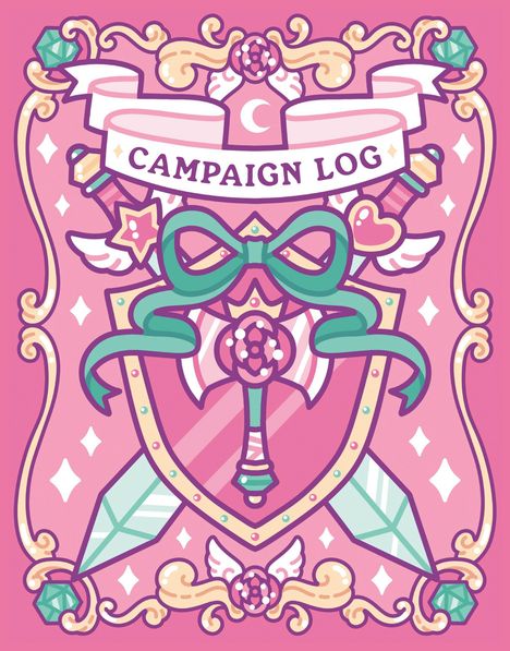 „Campaign Log“ steht auf einem Banner. Illustration: rosa Hintergrund, Schild mit grüner Schleife, Schwertern und Flügeln.