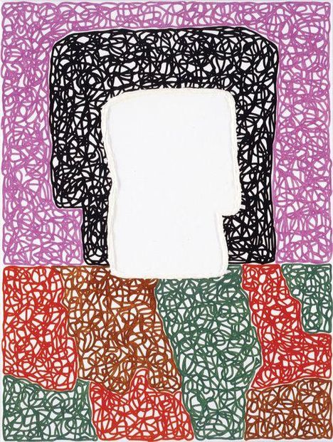 Ohne Text. Konturen einer abstrakten Silhouette, schwarzer Kopf auf weißem Hintergrund, mit bunten Kringeln gefüllt.