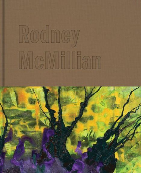 Text "Rodney McMillian" auf braunem Hintergrund, darunter malerische Darstellung in Gelb und Lila mit schwarzen Formen.