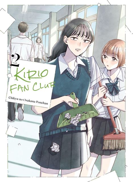 "Vol. 2 Kirio Fan Club, Chikyu no Osakana Ponchan." Zwei Schülerinnen mit Besen und Kehrschaufel in einem Schulflur.