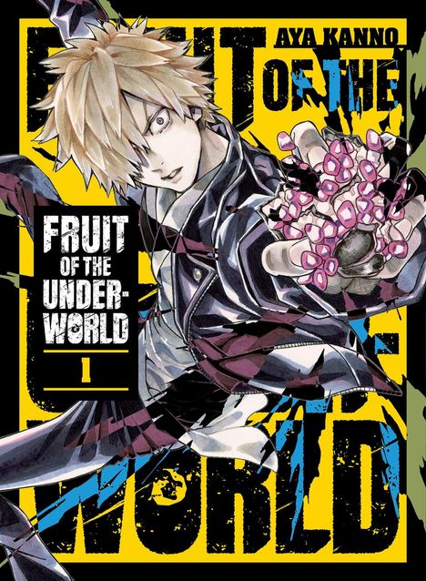 „FRUIT OF THE UNDERWORLD“. Eine dynamische Manga-Illustration mit einer blonden Figur und leuchtend pinken Früchten in der Hand.