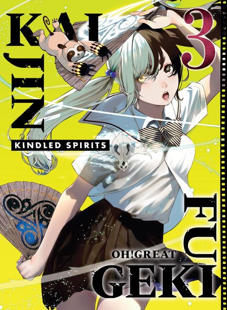Titel: "Kai Jin 3: Kindled Spirits". Eine junge Frau mit zweifarbigem Haar hält einen Fächer vor gelbem Hintergrund.