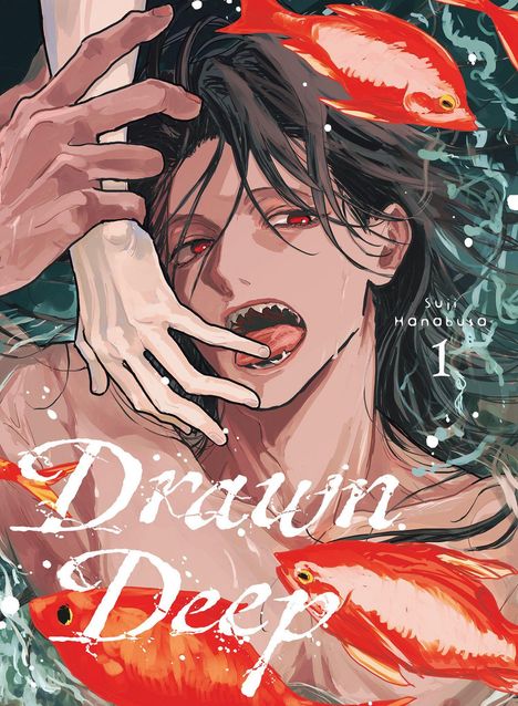 „Drawn Deep“, Band 1, Sui Hanabusa. Eine Illustration mit einer Person, roten Augen, langen Haaren, Fischen und Wasser.