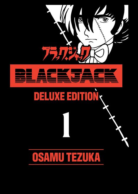 "BLACKJACK DELUXE EDITION 1 OSAMU TEZUKA" in Rot auf Schwarz. Links ein Manga-Porträt mit Narben.