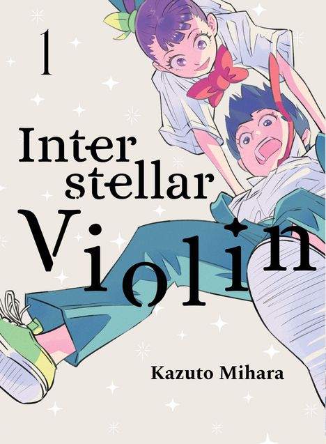 "Interstellar Violin 1" von Kazuto Mihara. Farbenfrohe Illustration von zwei fröhlichen Figuren, umgeben von Sternen.