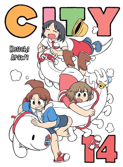 „CITY 14“ steht in großen Buchstaben. Keiichi Arawi. Drei fröhliche Charaktere auf einem lächelnden, weißen Wesen.
