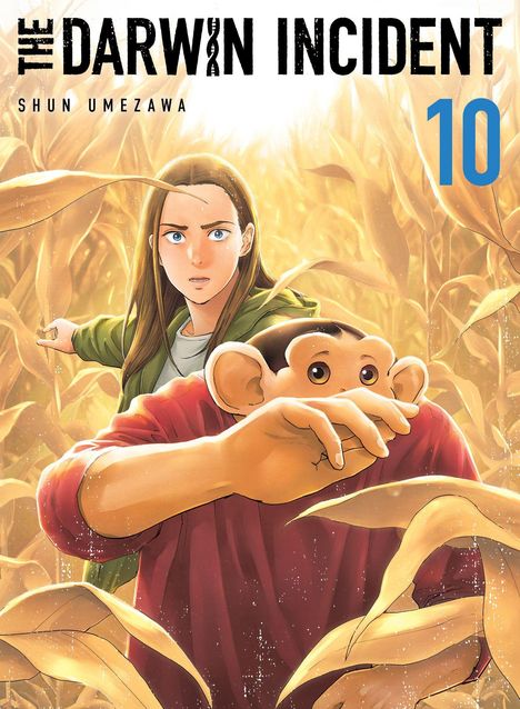 "The Darwin Incident" und "Shun Umezawa" oben, Nummer 10 rechts. Junge Person und Affe in einem Maisfeld, beide besorgt.