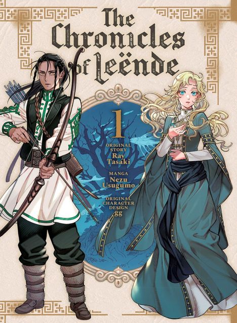 "The Chronicles of Leënde" steht in stilisierter Schrift. Links ein Mann mit Bogen, rechts eine Frau in einem blauen Kleid.
