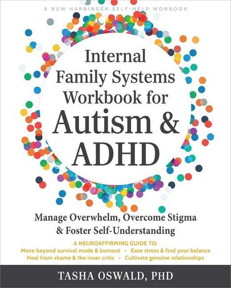 "Internal Family Systems Workbook for Autism & ADHD" steht in der Mitte. Hintergrund: bunte Punkte. Autor: Tasha Oswald, PhD.