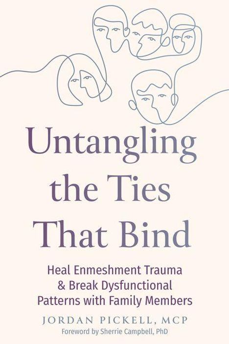 "Untangling the Ties That Bind" steht in lila Schrift. Darüber sind illustrierte Gesichter, die per Linie verbunden sind.