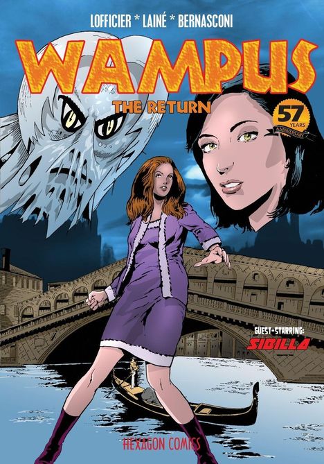 "WAMPUS THE RETURN" in großer gelber Schrift, Frau und Monster vor venezianischer Brücke und Gondel, "Hexagon Comics".