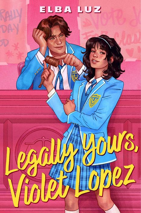 "ELBA LUZ" oben, "Legally Yours, Violet Lopez" unten. Eine Illustration: Zwei Jugendliche in blauen Uniformen.